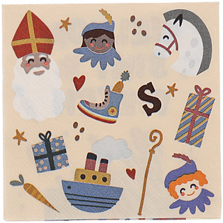 Servet met figuurtjes zoals sinterklaas, een piet, een stoomboot, een chocoladeletter en een cadeautje