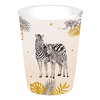 Bekers met jungle dieren zoals zebra's erop en palmbladeren voor een babyshower met nude en goud versiering