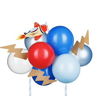 Mini ballonnenboog voor op een taart met vliegtuig in het rood, blauw en wit