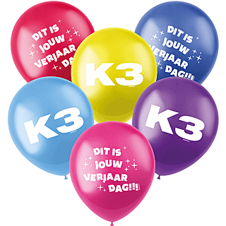 K3 ballonnen in het blauw, geel, roze, paars en rood met de tekst dit is jouw verjaardag!!!
