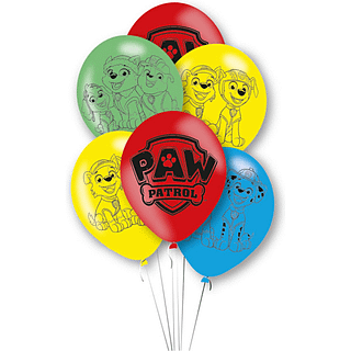 Latex ballonnen van paw patrol in het groen, rood, blauw en geel met zwarte bedrukking van karakters, zoals chase en marshall en skye