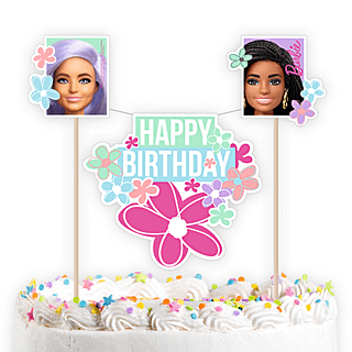 Taart topper barbie met bloemen en de tekst happy birthday