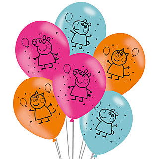 Ballonnen met peppa pig erop in het roze, blauw en oranje