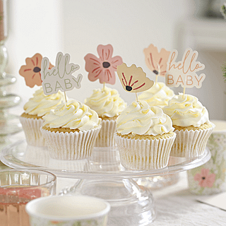 Cupcake toppers met bloemen en de saliegroene en perzikkleurige tekst hello baby
