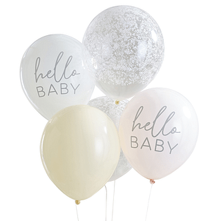 Ballonnen bundel in pastel tinten en met bloemen met de tekst hello baby