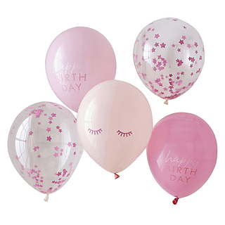Roze ballonnen met de tekst happy birthday en stervormige, roze confetti