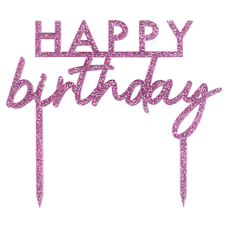 Roze glitter taart topper met de tekst happy birthday
