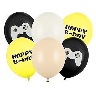 Latex ballonnen met de tekst happy b-day erop en controllers