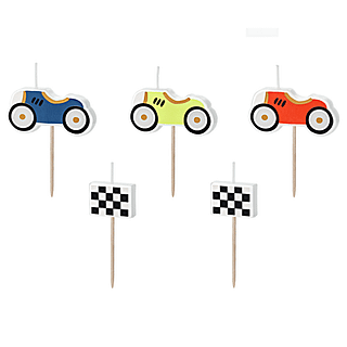 Kaarsjes in de vorm van auto's en race vlaggen