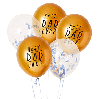 Gouden ballonnen met de tekst best dad ever en confettiballonnen met blauwe en gouden confetti