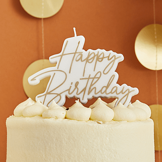 Kaars in het wit met gouden tekst happy birthday