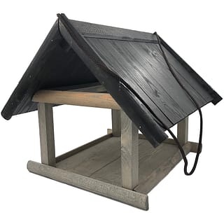 grijs vogelvoederhuisje met zwart dak