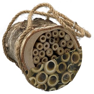 boomstam aan touw met bamboestengels erin voor bijen
