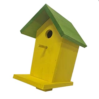 geel vogelhuis met groen dak