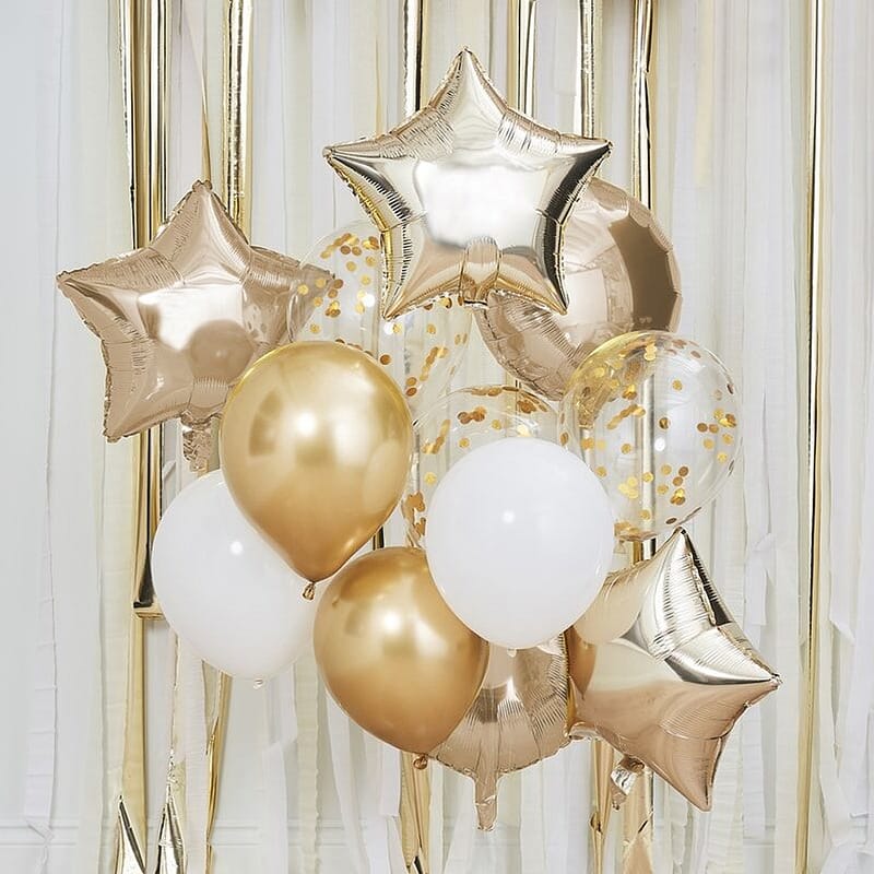 Ballonnenbundel met gouden en witte ballonnen