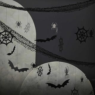 zwart kunst spinnenweb met vleermuizen en spinnen
