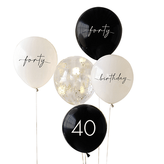 Ballonnen voor 40 jaar in het zwart en nudekleurig met een transparante confettiballon met gouden confettisnippers