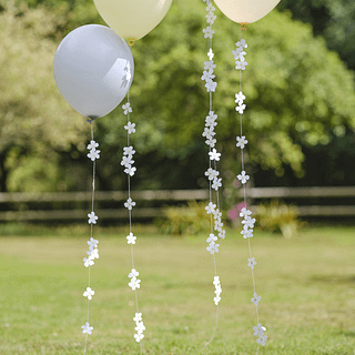Pastelkleurige ballonnen met lint met madeliefjes zweven boven een grasveld