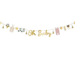 Gouden slinger met vlaggetjes in de vorm van babysokjes, een speen, een konijntje en een sterretje