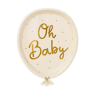 Beige bordje in de vorm van een ballon met de gouden tekst 'oh baby'