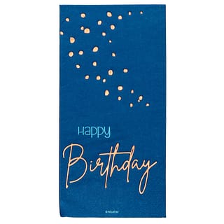 Donkerblauw rechthoekig servet met Happy Birthday erop