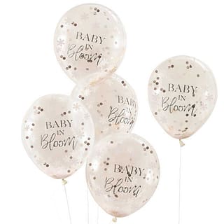 ballonnetjes met tekst baby in bloom gevuld met bloemvormige confetti
