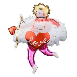 Cupido folieballon met gouden haren, een roze broek met rode hartjes en een roze met rode sjaal