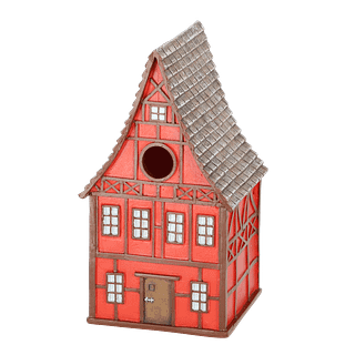 Rood huisje voor vogels in de stijl van een Duits vakwerkhuis voorkant