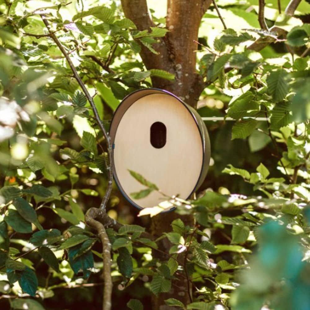 vogel huis met ovalen opening van zwart kunststof aan boom